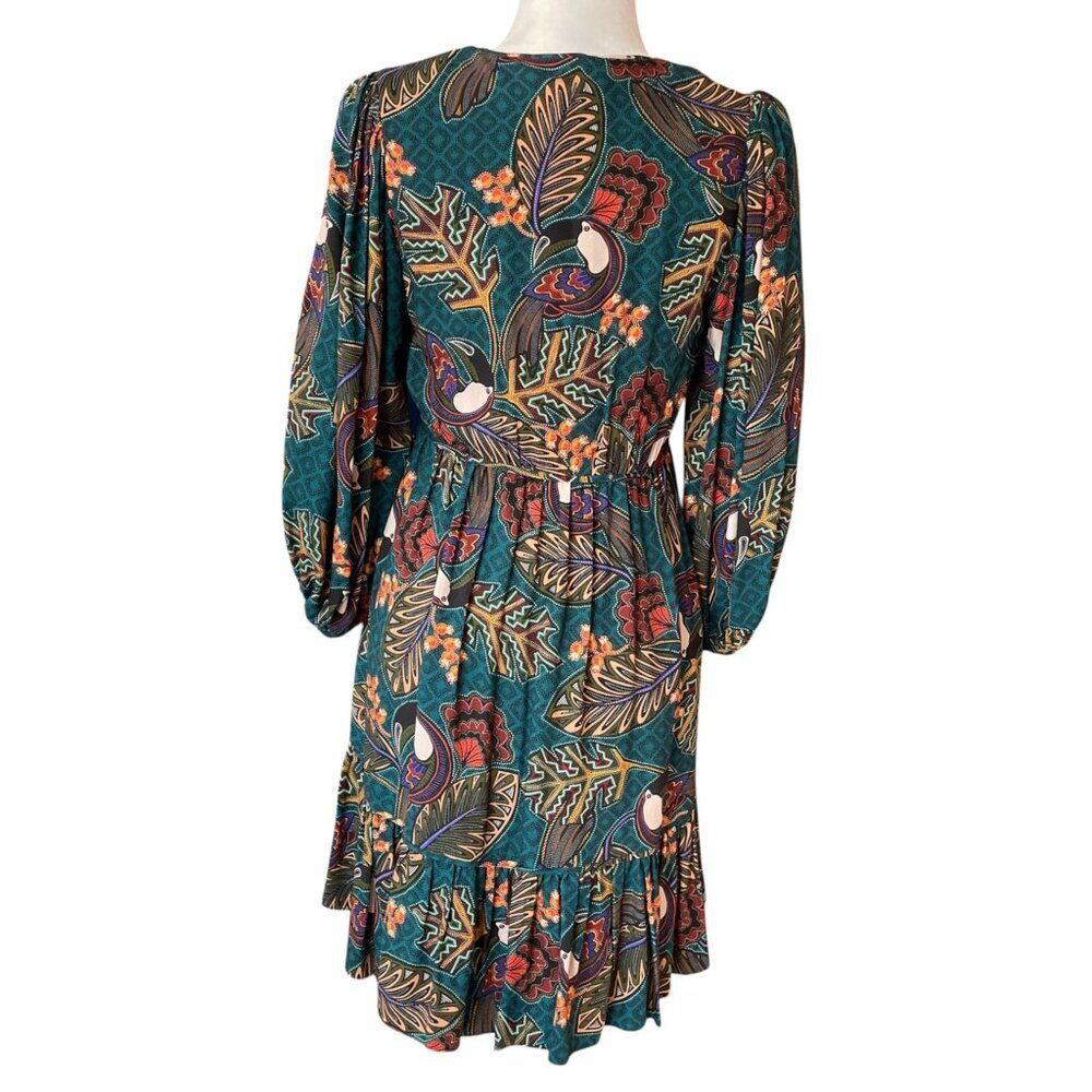 ANTHROPOLOGIE FARM RIO Ariyah Tiered V-Neck Botanical Mini Dress, Green Floral S - Picture 6 of 15